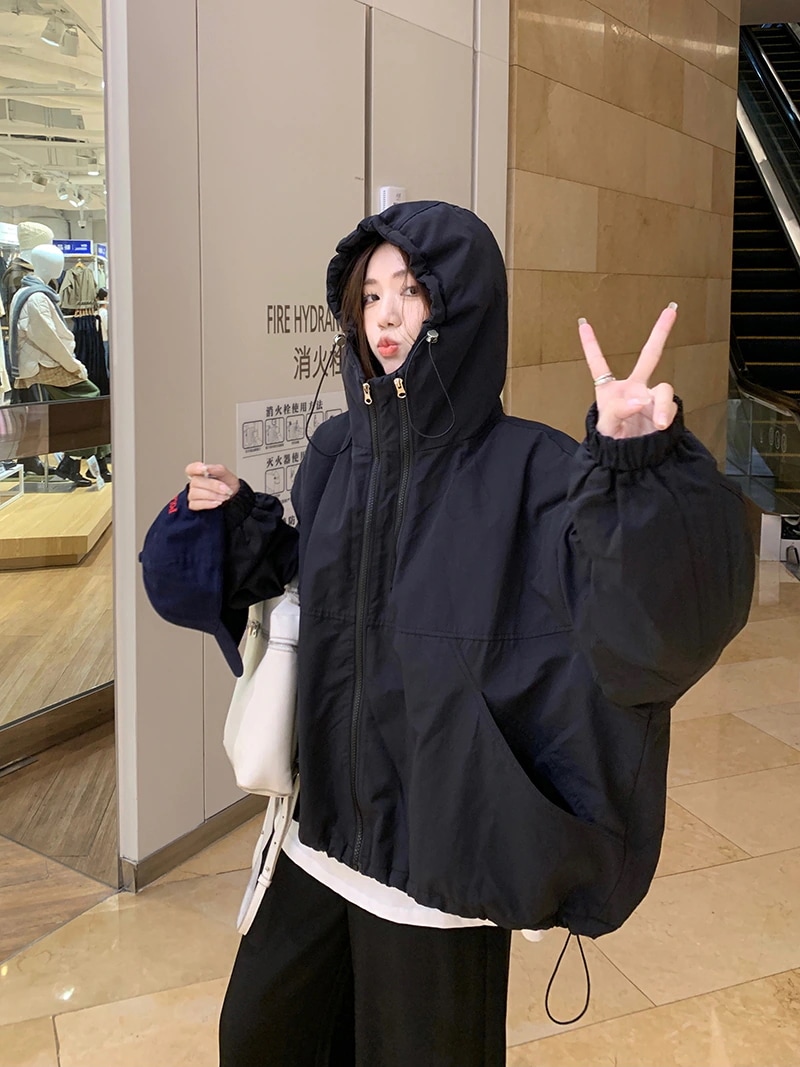 ふっくら中綿 あたたかい 冬 防寒ショート暖かいかわいいフード付きブルゾン厚手アウターブルーBF風 無地羽織るファッション大人カジュアルストリートネックにサイズゆるダボシルエット秋黑白