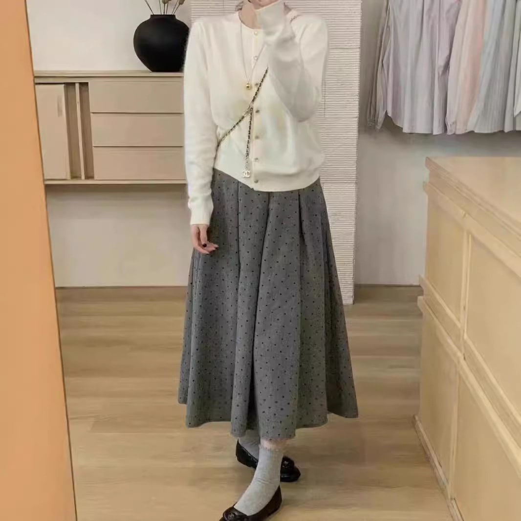 春秋用レディースグレー水玉スカート高級超きれいめウエスト痩せミモレ丈プリーツaラインスカート