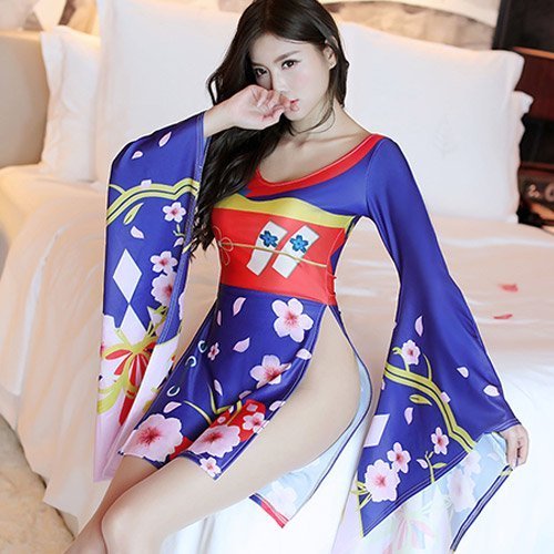 860コスプレ コスチューム 浴衣着物 シルエット ストレッチ スリット タイト ボディライン 花柄 鮮やか ゆったり 華やか ブルー フリー GRAXIA グラシア 4,948円