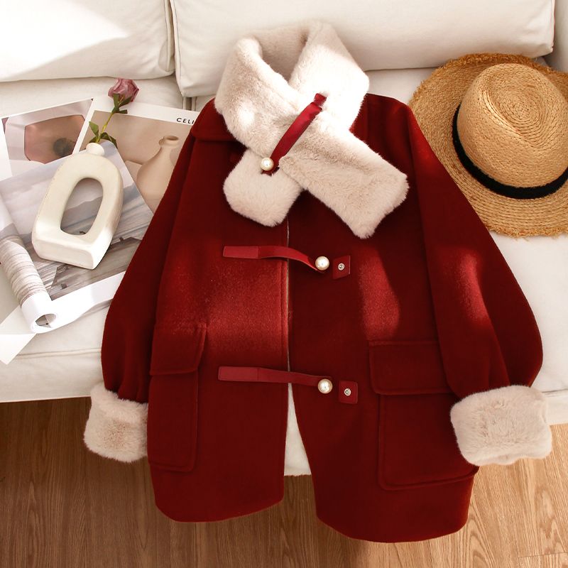 新年 クリスマスコスチューム レディースファッション ラシャコート 気質 冬服 ジャケット 裏起毛 アウター マフラーを贈る