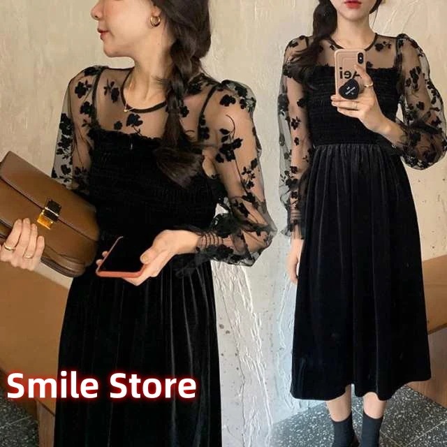 大人 ベルベットスカート 40代 ワンピースドレス 秋冬 長袖ワンピース 黒レースワンピース シースルー 韓国風 マキシワンピース きれいめ レディース オシャレ