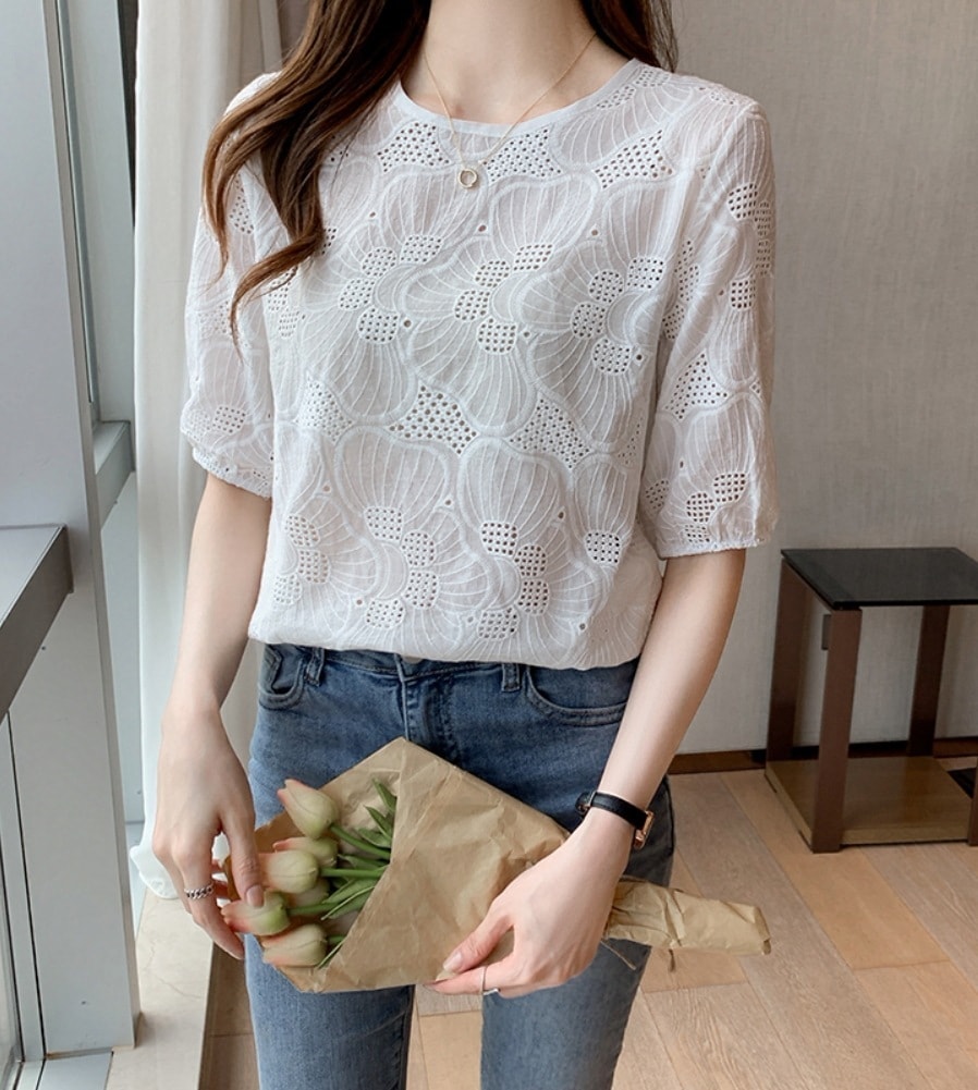 トップス デート レース モテアイテム ブラウス 半袖 刺繍 可愛い きれいめ 上品 おしゃれ かっこいい 可愛い ラブリー キュート ガーリー クール モード系 セクシー エレガント 存在感