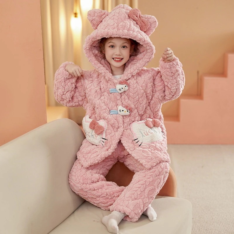 通学 女の子のパジャマ冬の3層の綿入れを着た子供の珊瑚絨毯冬のキティちゃん親子の部屋着を厚くした 保育園 小学部 5,307円