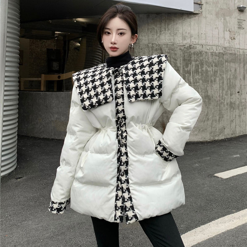 千鳥格子柄カラーステッチ ダウンコート ダウンジャケット コットンジャケット ミドル丈長袖コート