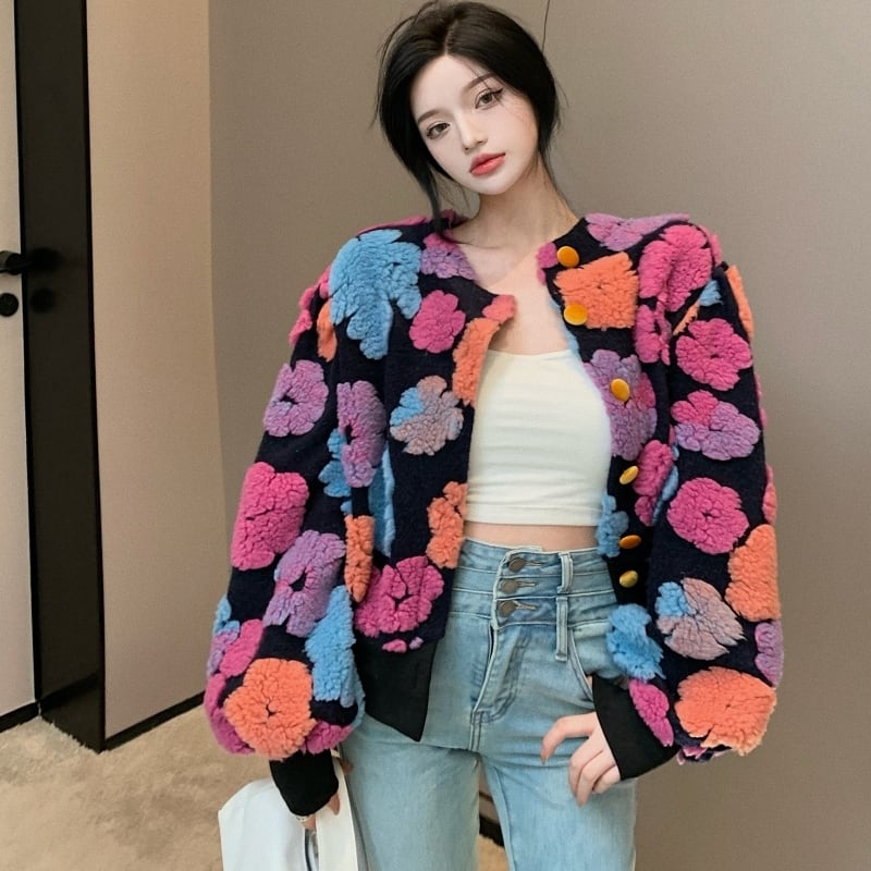 アウター ジャケット ショート丈 花柄 長袖 ラウンドネック ボタン シングルブレスト