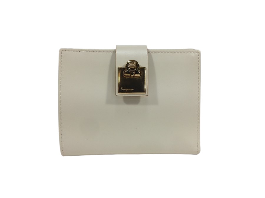 財布 二つ折り ガンチーニ レザー クリーム 中古品