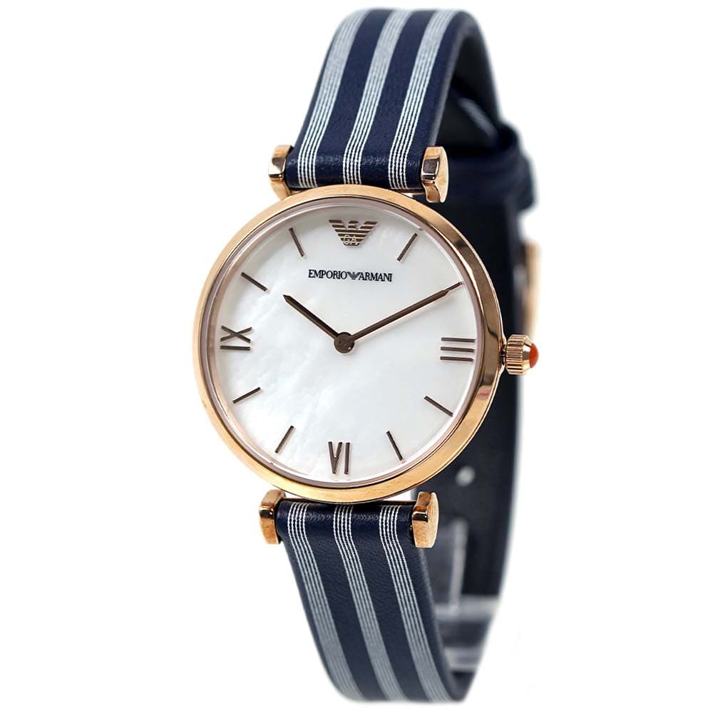 エンポリオ アルマーニ 腕時計 レディース EMPORIO ARMANI GIANNI T-BAR ホワイトシェル ブルーホワイト レザーベルト ローズゴールド AR11224