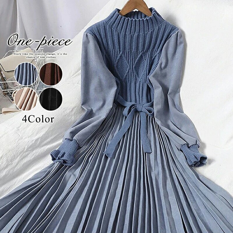 選べる3タイプ 切り替えニットワンピ 着回し 花柄 無地 韓国ファション レディース さわやか 上品 ワンピース ロングワンピース カジュアル ロング丈 長袖 バレンタイン 2023 プレゼント