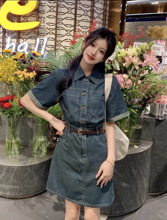 スカート ワンピース デニムワンピース ショート丈 袖あり 半袖 5分袖 五分袖 襟付き スタンドカラー ベルト ポケット デニム かわいい 大人可愛い きれいめ シンプル カジュアル 大人 上品