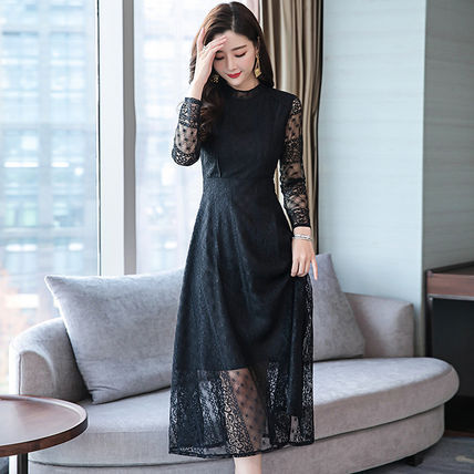 ワンピース フレアスカート チュールスカート フレアワンピース ワンピドレス パーティードレス ミモレ ミモレ丈 袖あり 長袖 クルーネック フレア タイト 細身 Aライン レース チュール 薄手