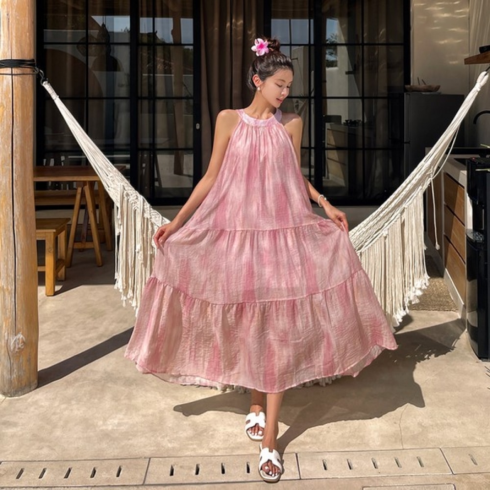 (Vivarup) ペインティングホルタービーチドレス OP19930F ピンクナシリボンロングルーズフィットフレア Aラインうんちカバーサマーリゾートバケーションルック