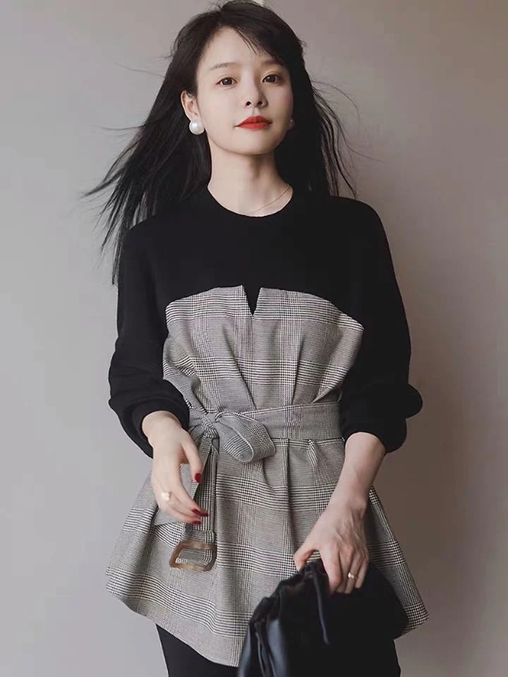 レディース トップス 長袖ドレス ドッキング チェック こなれ感 ミニ丈 フレア セクシー 大人女子 かわいい ウエストマーク ラウンドネック 通勤 オフィス 通学 普段使い お出かけ デート 旅行