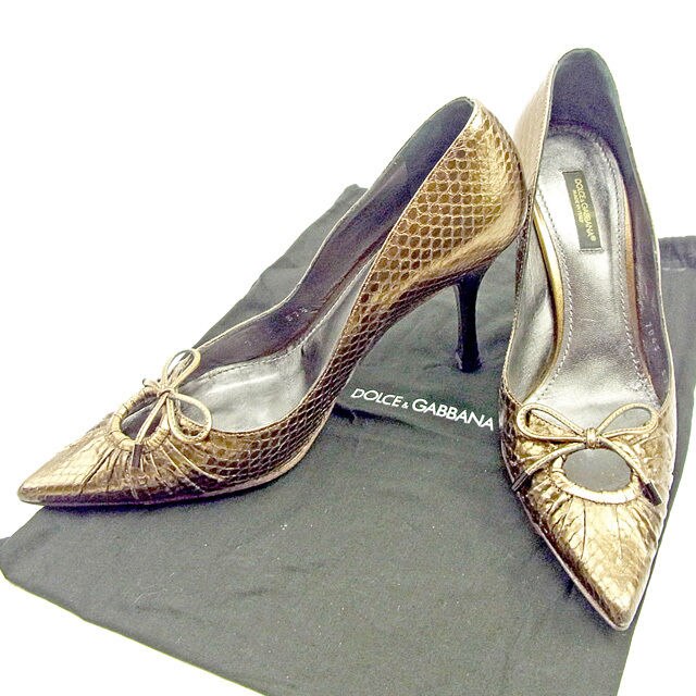 パンプス ポインテッドトゥ パイソン調 37ハーフ リボン付き ブロンズ系 中古