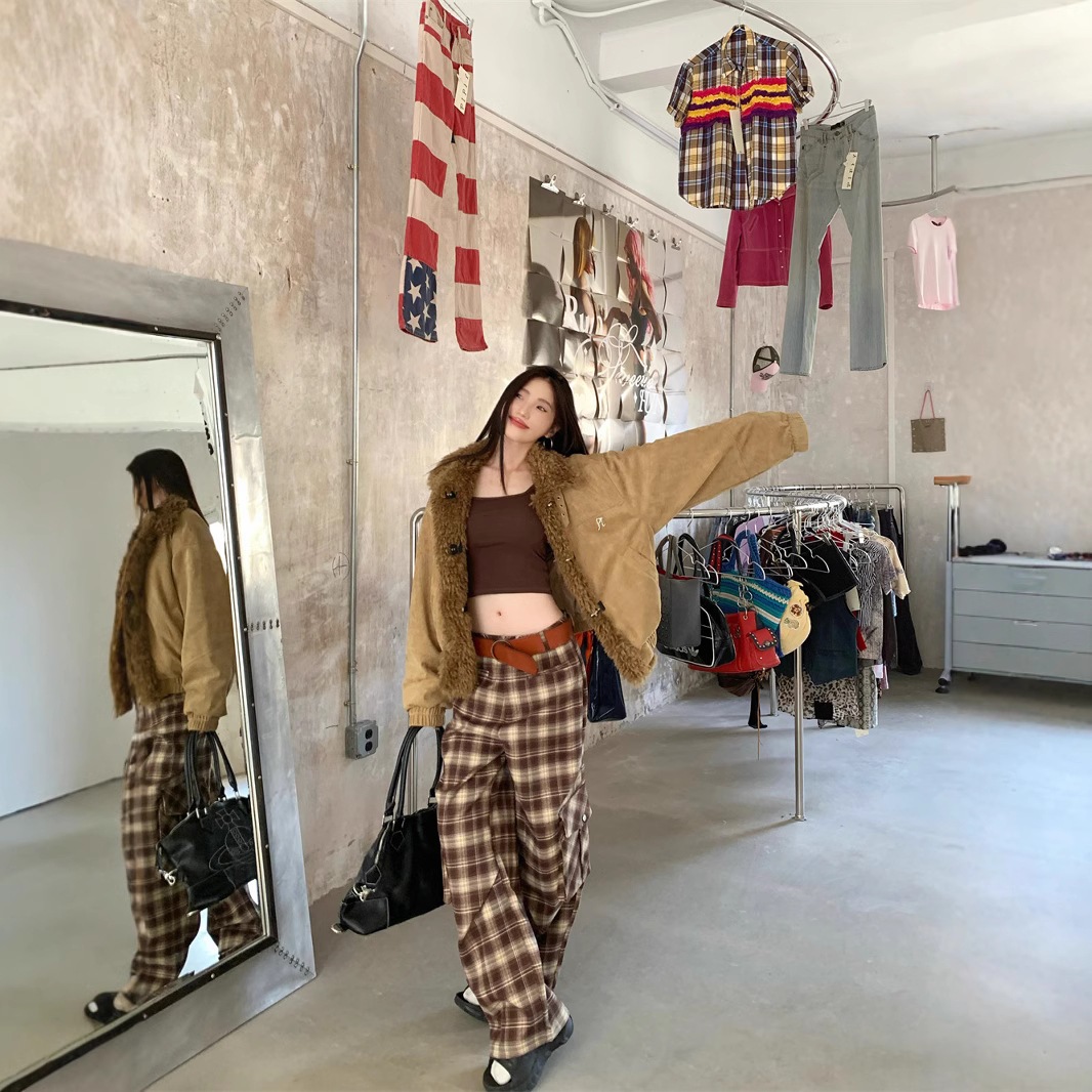 2025秋冬リアルショットレトロスエード新デザインブラウンコットンジャケットスエードショートウールコットンジャケットパンツ