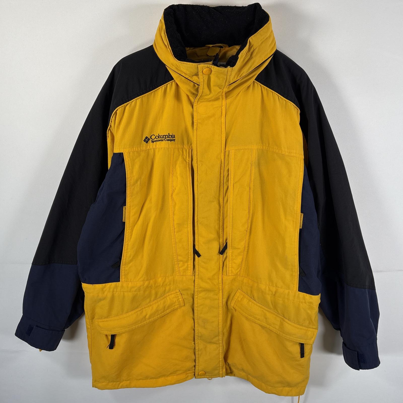 古着 ナイロンジャケット マウンテンパーカー ワンポイントロゴ刺繍 フード付き M イエロー マルチカラー メンズ