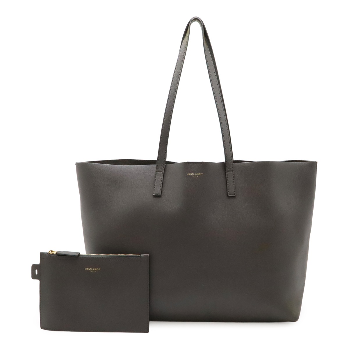 YSL イブサンローラン ショッピングトート ショルダーバッグ レザー チャコールグレー ポーチ付 39419