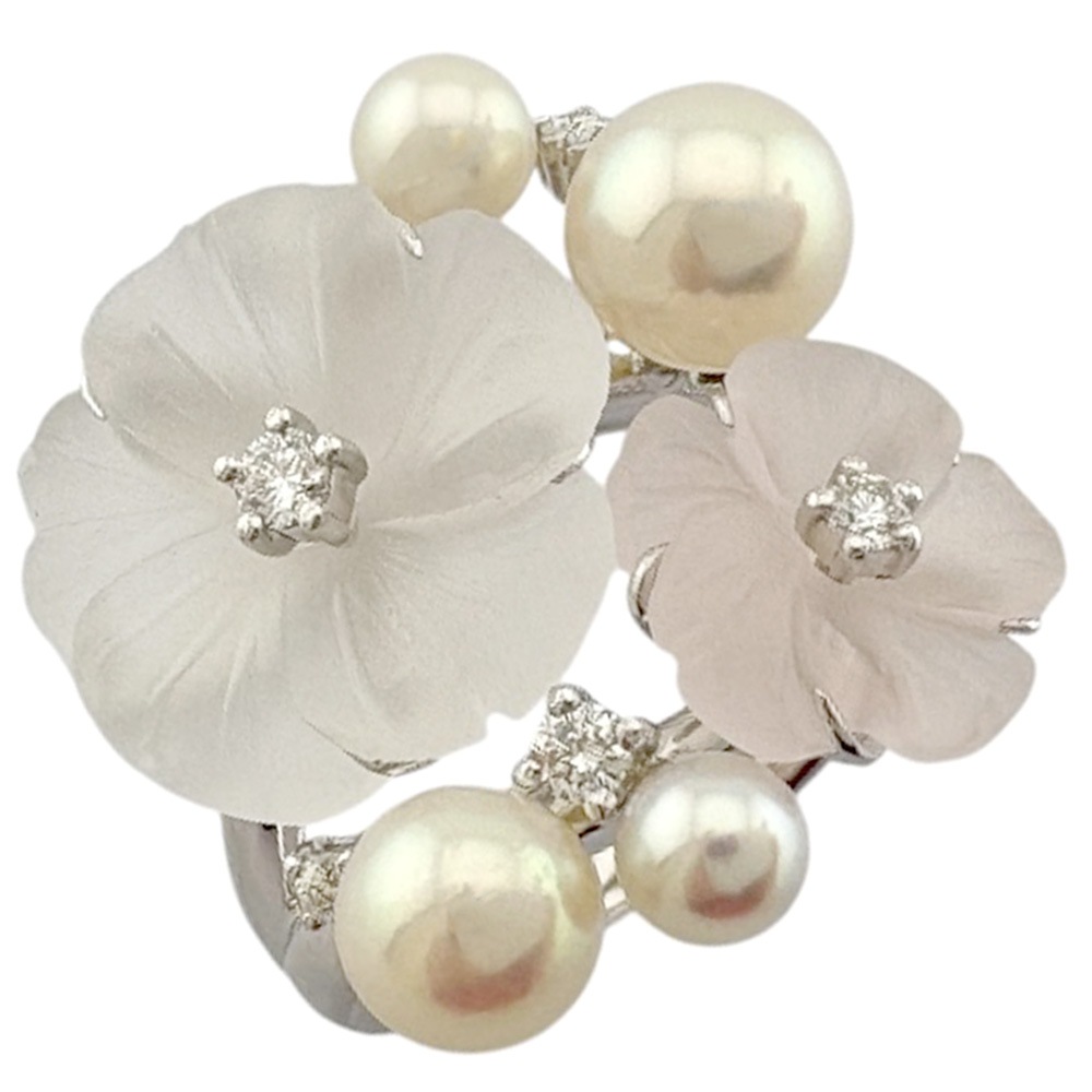 花 リング 指輪 8号 18金 K18ホワイトゴールド クォーツ アコヤパール 中古 美品