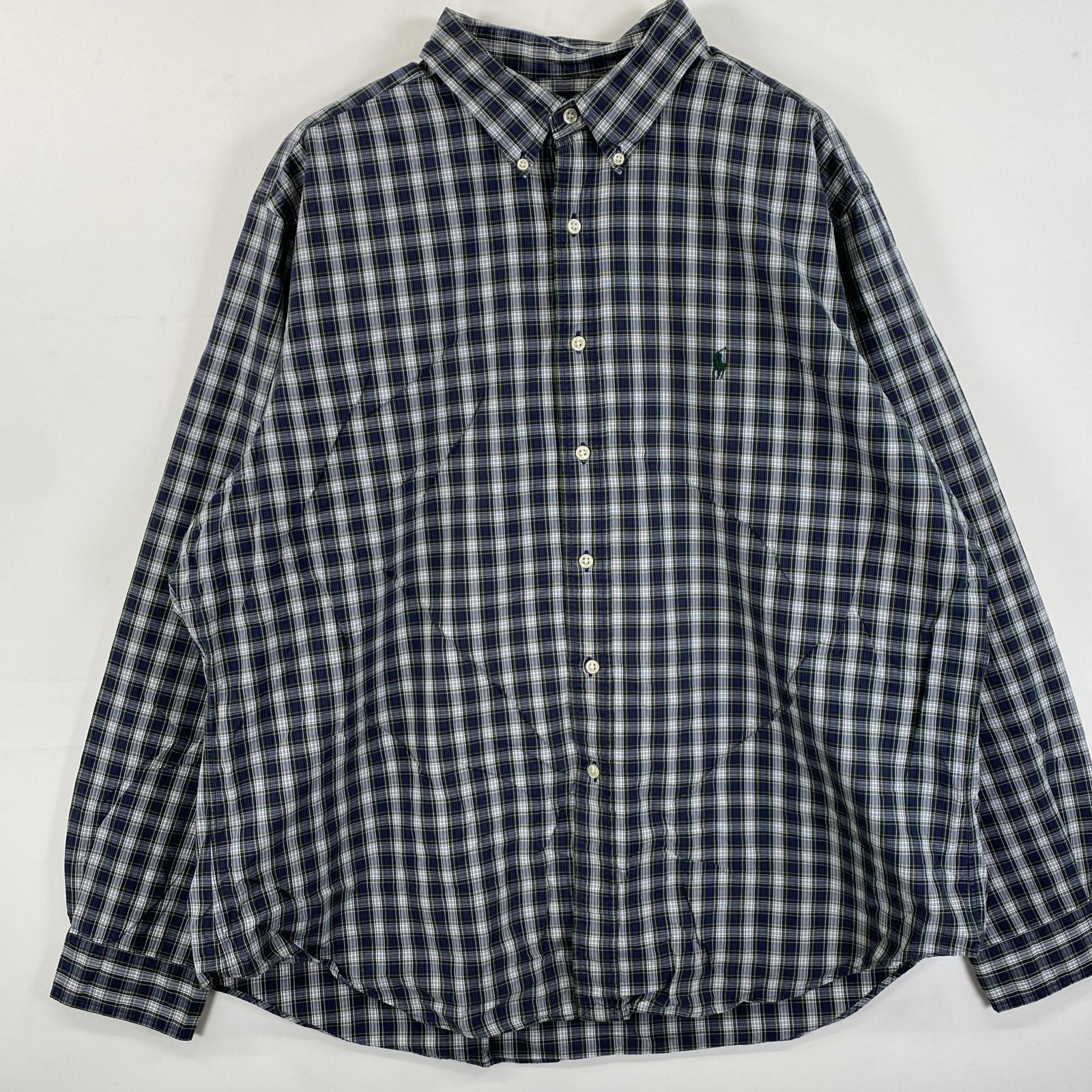 古着 90s/90年代 長袖シャツ ボタンダウン ロゴ刺繍 ワンポイント 18 XXL ネイビー系 チェック メンズ