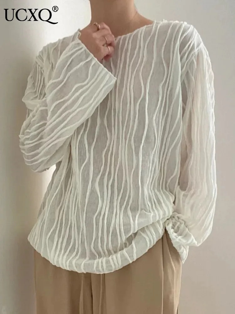 Ucxq-女性用長袖シャツ,ラウンドネックレス,シック,韓国スタイル,3Dストライプデザイン,ルーズ,新品,春,2019, 23a2757 - AliExpress 200000345 8,056円