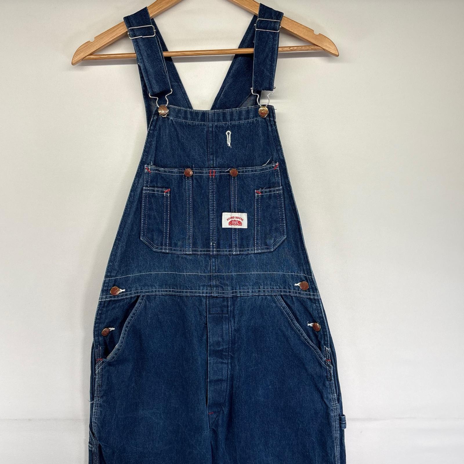 古着 90s/90年代 ラウンドハウス USA製 デニム オーバーオール ワンポイントロゴ ワーク ハンマーループ W32 L32 ブルー系 メンズ