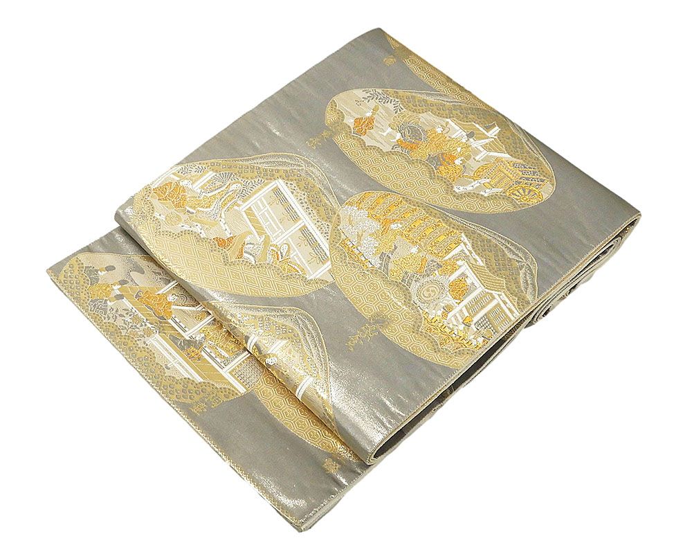 袋帯 正絹 源氏物語貝合絵図模様 袋帯 リサイクル g0654