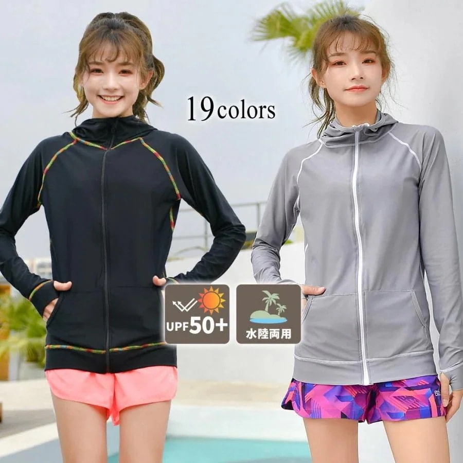 長袖ラッシュガード レディース 水着素材 紫外線 日焼け対策 トップス カジュアル シンプル スポーティー 水陸両用 黒 白