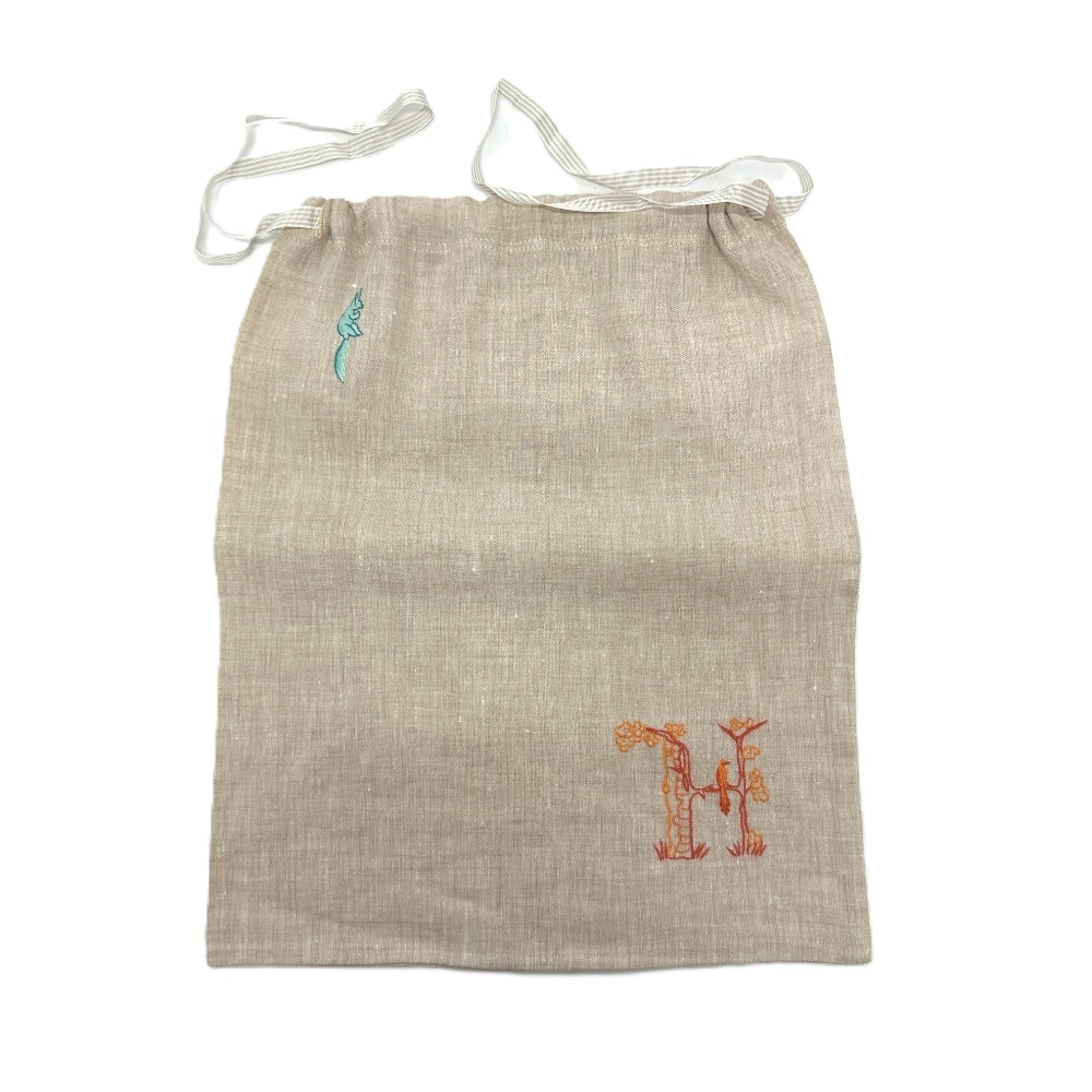 ポーチ H刺繍 巾着 麻 ベージュ