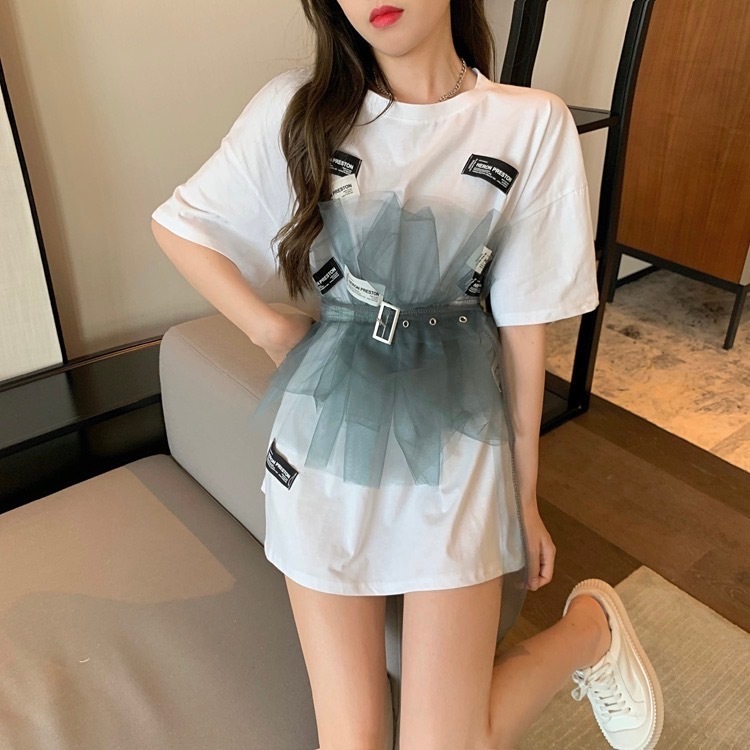 トップス Tシャツ ビッグT ミディアム丈 袖あり 五分袖 ラウンドネック ワイド Aライン ベルト メッシュ カジュアル おしゃれ かっこいい ラフ メンズライク ボーイッシュ ルーズ クール