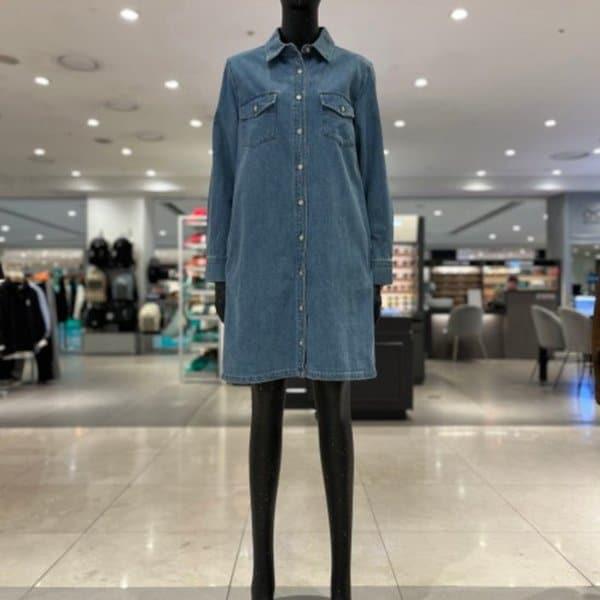 女性ツーポケットシャツ型Mトーンデニムワンピース-DG