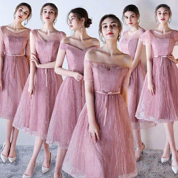 パーティードレス ブライズメイド 結婚式 ワンピース フォーマル 呼ばれ ブライズメイド ドレス カラードレス ピンク ショート丈 20代 30代 40代-14