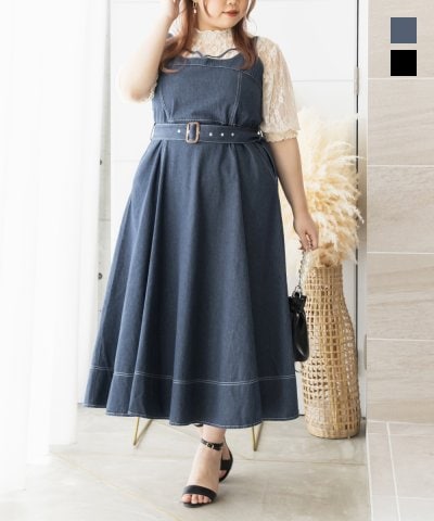 大きいサイズ レディース LL 3L 4L XL XXL XXXL CLETTEオリジナルベルト付デニムジャンスカワンピース