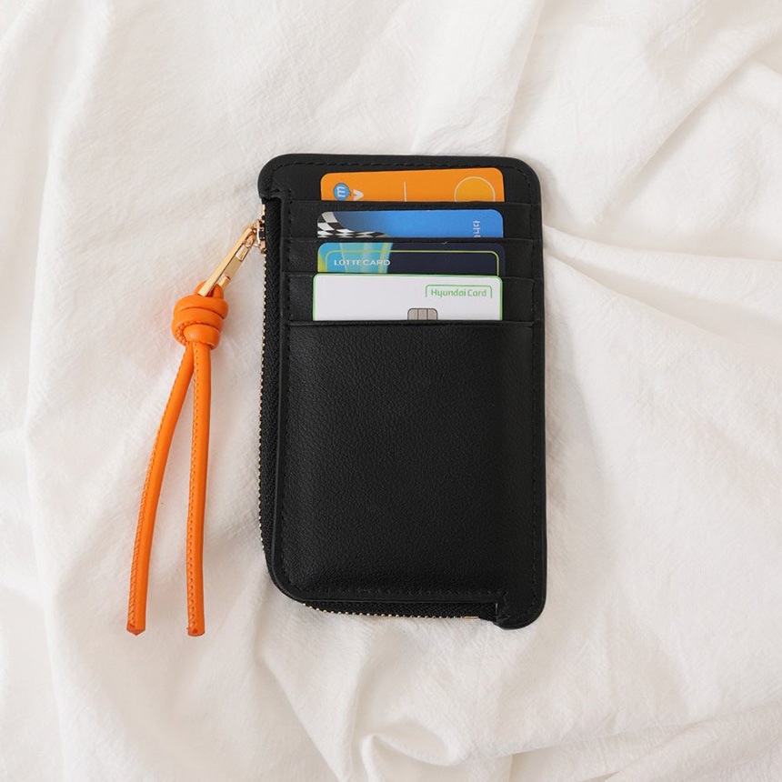 【LUBIL】ロープ付きスリムレザーカードケース ジッパーポケット付きミニ財布 男女兼用