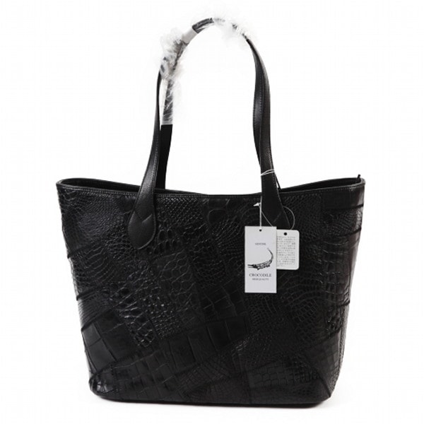 クロコダイルLB-7001 パッチワーク 天ファスナー トートバッグ ブラック