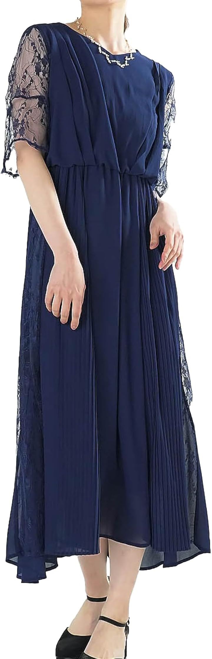 結婚式 ドレス お呼ばれ フォーマル ワンピース レディース ミモレ丈 ロング シフォンドレス (ネイビー / ミモレ丈 / 327014, L)