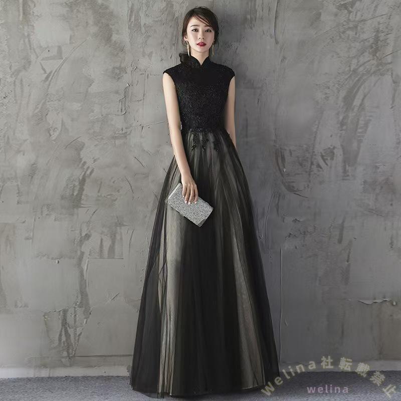 チャイナドレス黒ハイネックロングドレスイブニングノースリーブブラック発表会Welina（株）パーティードレスワイン赤結婚式二次会おすすめドレスアイテム
