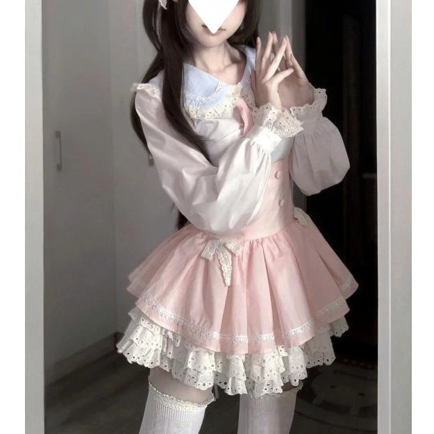 【急速発送】ロリータの可愛いドールネックシャツデザイン感リボンレースストラップスカートセット秋の万能アイテム