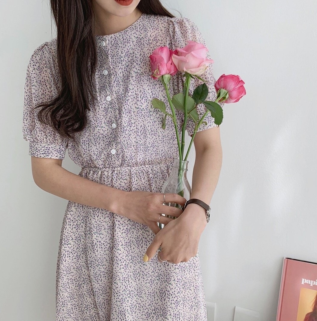 2色 レトロ風 ワンピース 半袖 春夏 かわいい aライン aライン Aライン フレア ミモレ ミモレ丈 ロング ロング丈 7分丈 ミディアム丈 ミドル丈 レギュラー丈 五分袖 ボリューム袖 袖コンシ