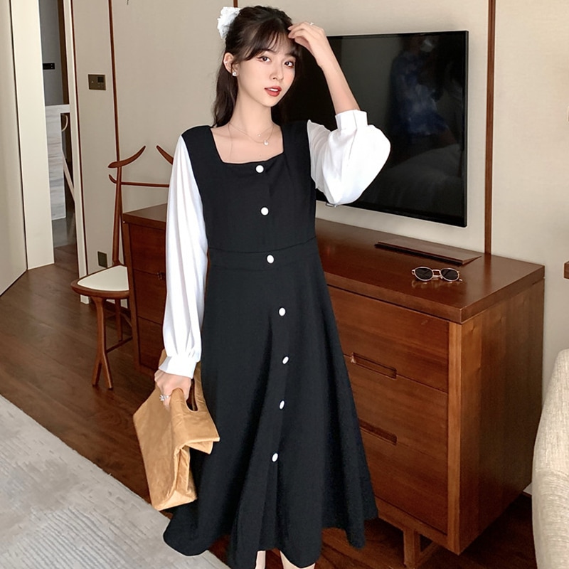 ワンピース レディース フレアスカート ミモレ丈 ミモレ 袖あり 長袖 スクエアネック 襟なし