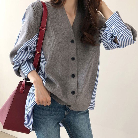 Ｖネックニット レディース カーディガン トップス 羽織 切り替え 無地 ストライプ フロントボタン カジュアル お出かけ おしゃれ 個性的 シャツ 長袖 グレー ブラック ルーズ 女性