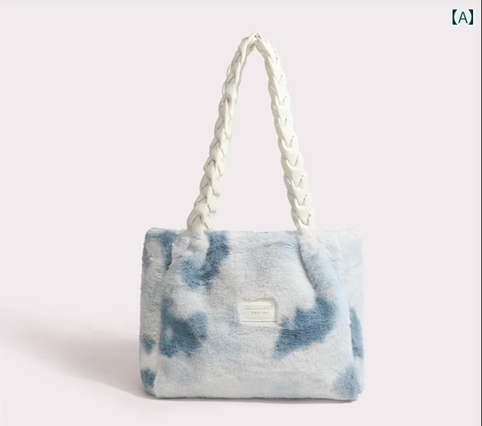 トートバッグ ファスナー レディース 秋冬 フェイクファー 横長 内ポケット 大容量 ソフト ショルダー カジュアル おしゃれ 青 通勤 普段使い ショッピング