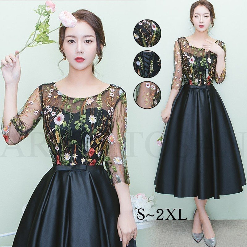 パーティードレス 結婚式 ドレス ウエディングドレス ミモレ丈 七分袖 花柄 刺繍 レース 大きいサイズ 大人 上品 可愛い お呼ばれ 花嫁 披露宴 卒業式 成人式