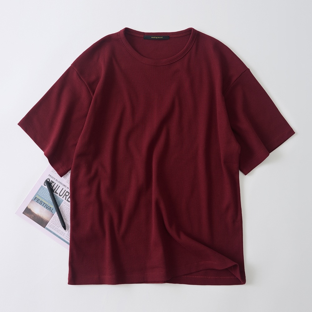 アナログムードワッフルベーシック半袖Tシャツ (バーガンディー) AN26SS3802-ブラック
