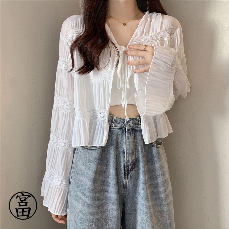 【超お得1つ買うと10個もらえる】カーディガン レディース 夏 薄手 トップス 長袖 透け感 フリル ショート丈 日焼け防止 着痩せ 可愛い 夏 春 秋