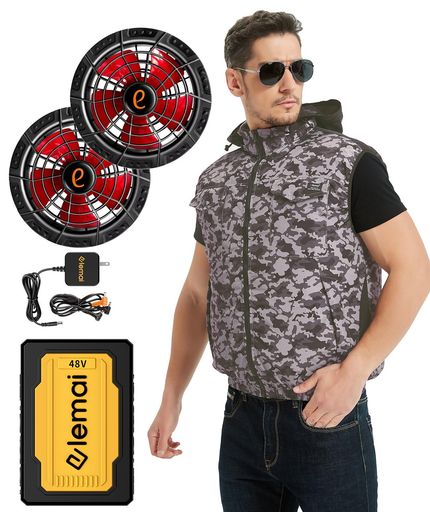 [ELEMAI] 2025年新モデル フアン付きウェア チタンベスト高電圧出力48V 大容量 ファンバッテリーセット(M, グレー迷彩)