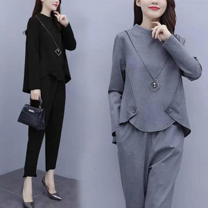 セットアップ 2点セット トップス パンツ 長袖 スウェット フェミニン きれいめ カジュアル おしゃれ 大人 可愛い リラックス 体型カバー 楽ちん 大きいサイズ ウエストゴム グレー ブラック 黒