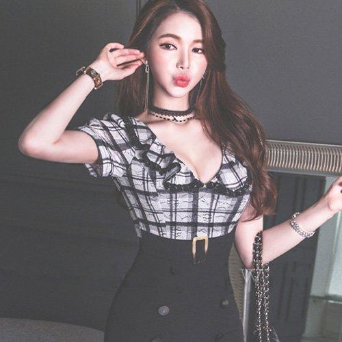 キャバドレス ナイトドレス ミニドレス ハイウエスト タイト ワンピース 半袖 フリル ミニ丈 フェイクレイヤード レディース ブラック／チェック柄 グラシア