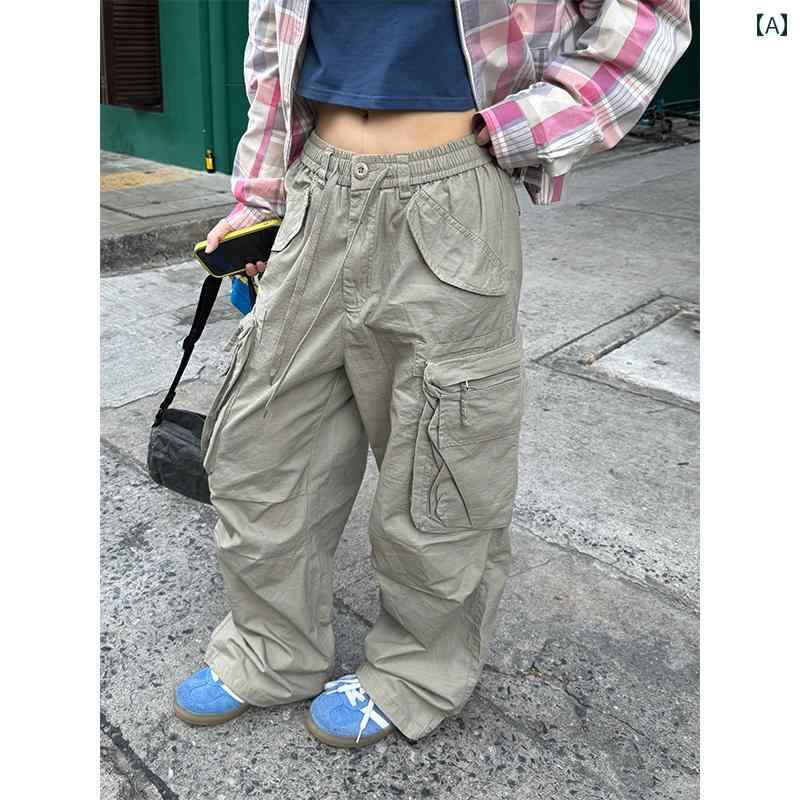 カーゴパンツ　メンズ　レディース Chuan Ye アメリカン レトロ マルチ ポケット ワイド レッグ オーバー オール メンズと レディースベルト ロープ パラシュート ストレート パンツ