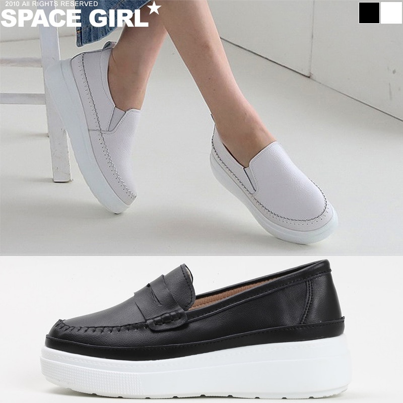 2タイプ天然牛革厚底ウェッジヒールスリップオンカジュアルレディースシューズスニーカー