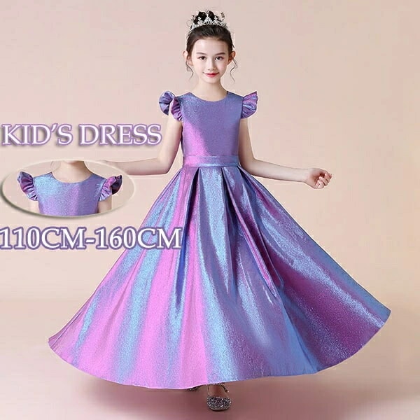 キッズドレス ドレス ピアノ 発表会 子供ドレス ワンピース 袖あり フリル袖 ラメ オーロラカラー 光沢 プリンセス ロング丈 ロングドレス お姫様 上品 エレガント 女の子 結婚式 子供 フォーマ