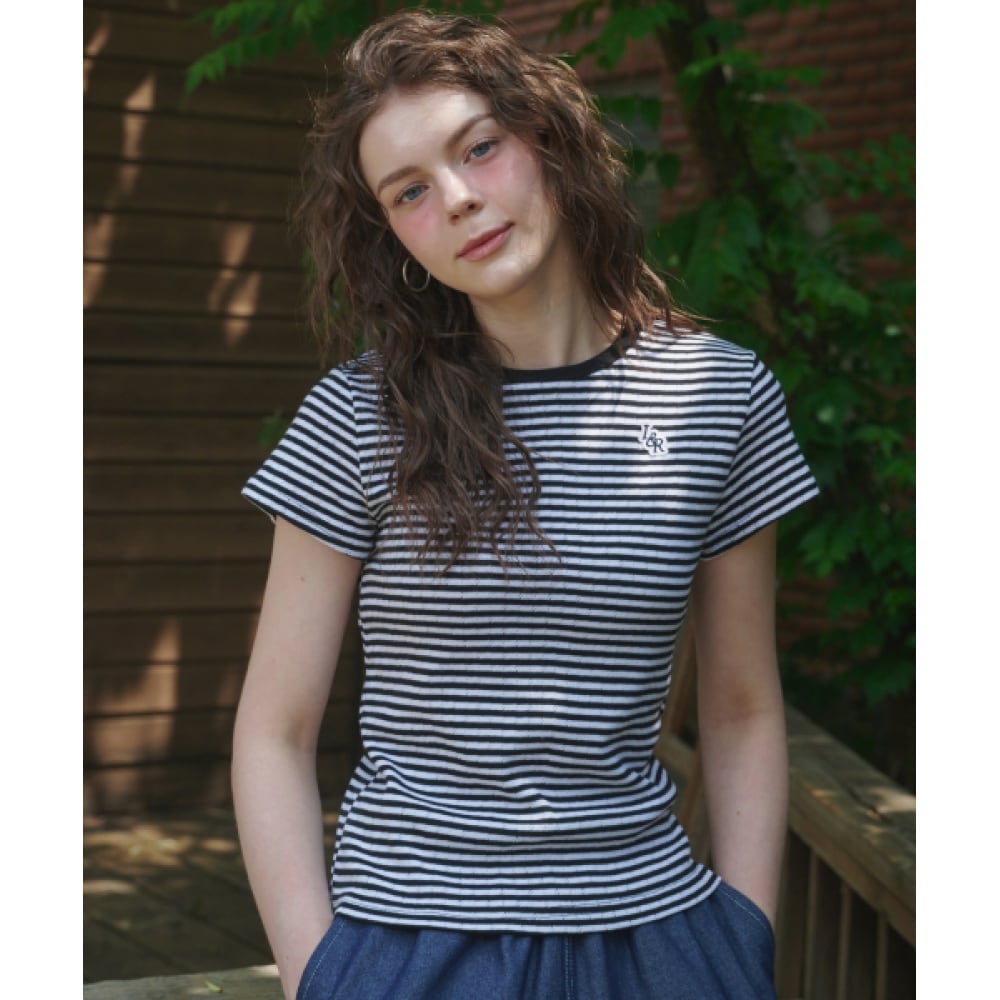LOSSYROW L&R ワッペンアイレットストライプショートスリーブ T シャツブラック